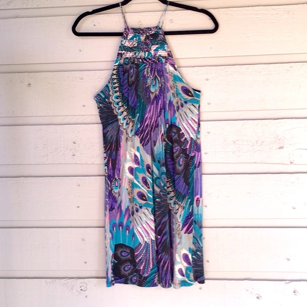 100% SILK DRESS STUNNING PEACOCK FEATHER DESIGN CLASSIC HALTER STYLE
